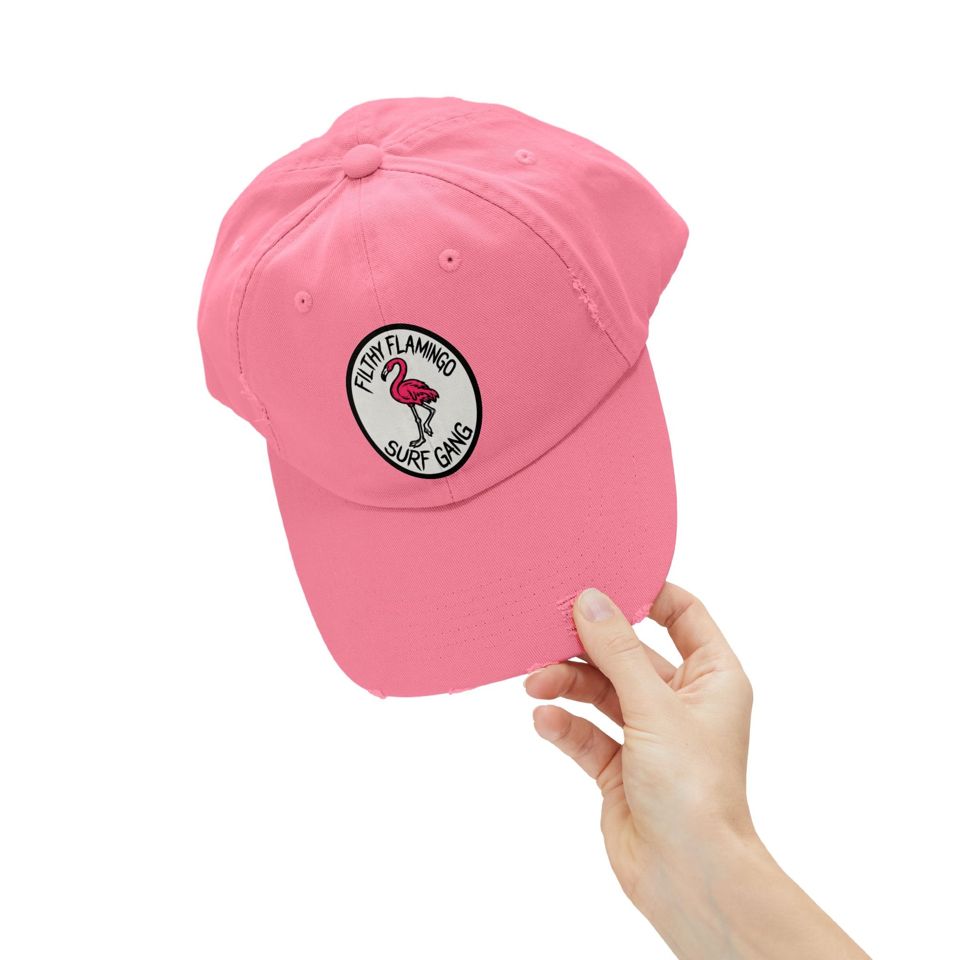 Distressed Surf Cap — "Filthy Flamingo Surf Gang" Embroidered Patch Hat Hats Printify
