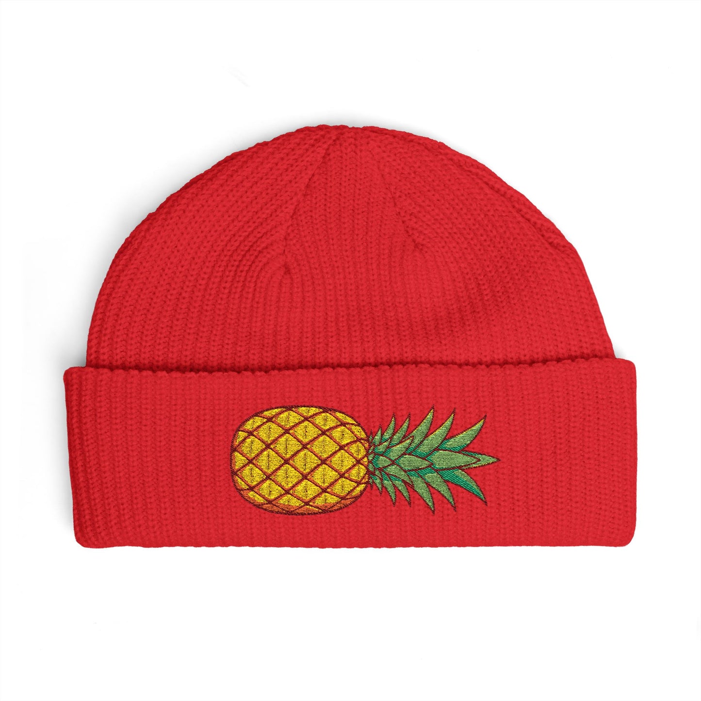 Pineapple Embroidered Cuff Beanie – Tropical Knit Winter Hat Hats Printify One size Red