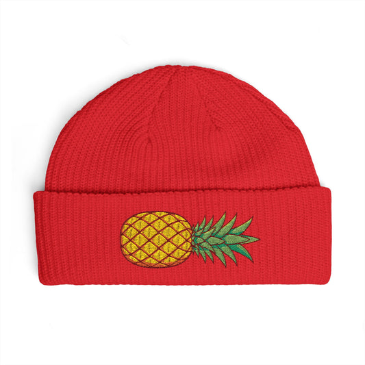 Pineapple Embroidered Cuff Beanie – Tropical Knit Winter Hat Hats Printify One size Red