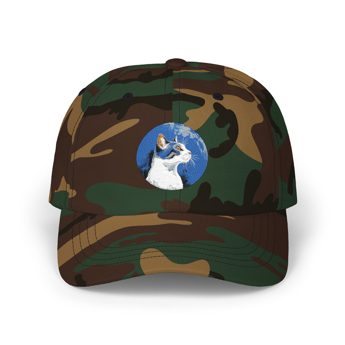 Dad Cap – White Embroidered Dog in Snow Patch Hat Hats Printify Green Camo One size