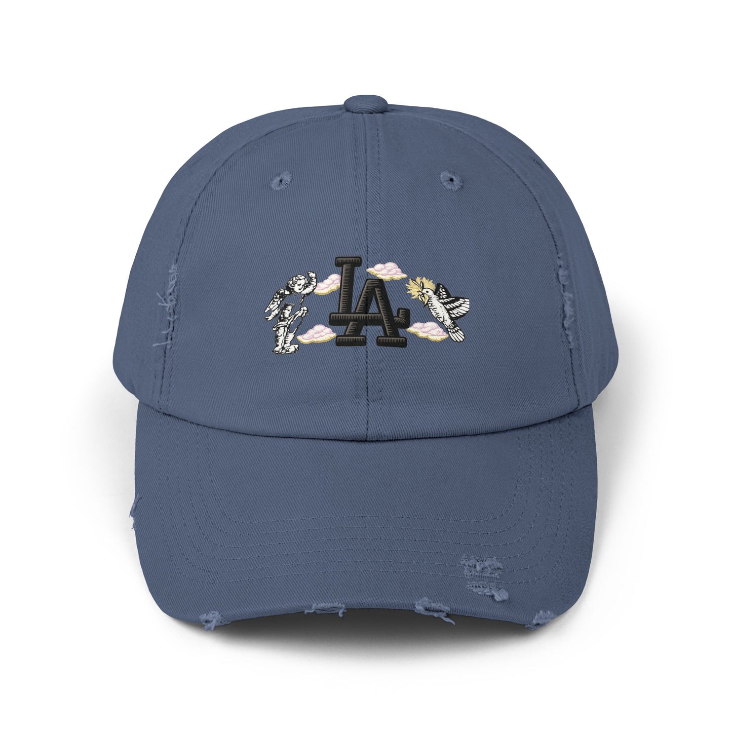 Distressed Baseball Cap — LA Logo with Angel Wings & Clouds Hats Printify Scotland Blue One size