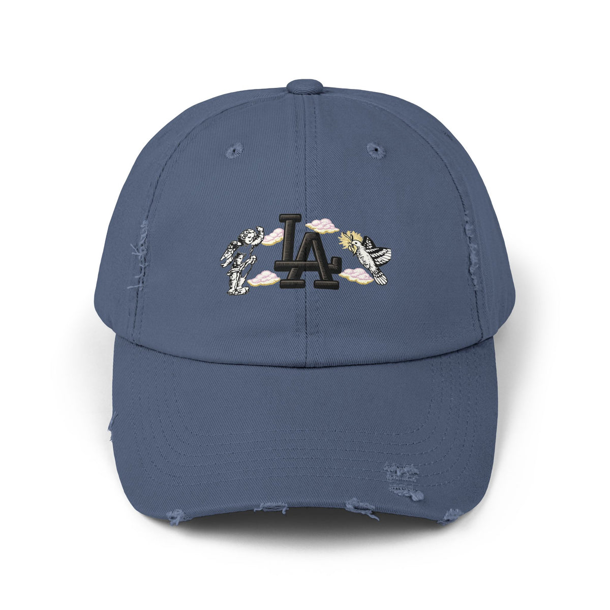 Distressed Baseball Cap — LA Logo with Angel Wings & Clouds Hats Printify Scotland Blue One size
