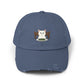 Distressed Cat At Dinner Cap — Cute White Cat Sitting at Table Baseball Hat Hats Printify Scotland Blue One size