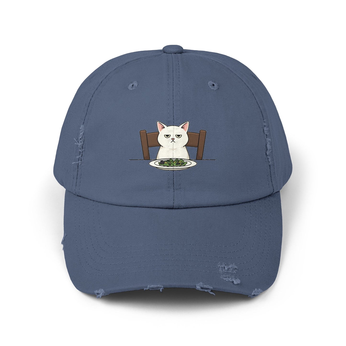 Distressed Cat At Dinner Cap — Cute White Cat Sitting at Table Baseball Hat Hats Printify Scotland Blue One size