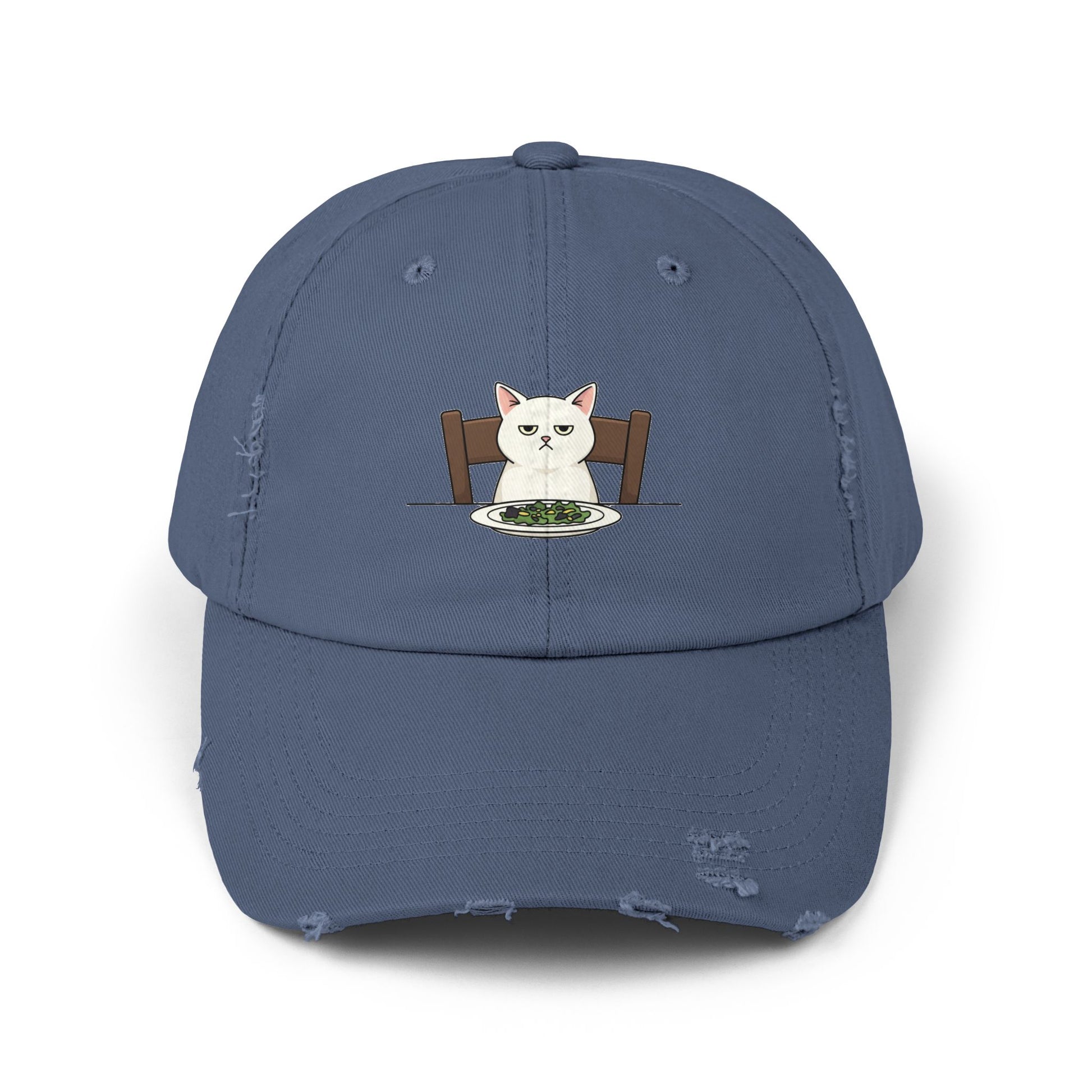 Distressed Cat At Dinner Cap — Cute White Cat Sitting at Table Baseball Hat Hats Printify Scotland Blue One size