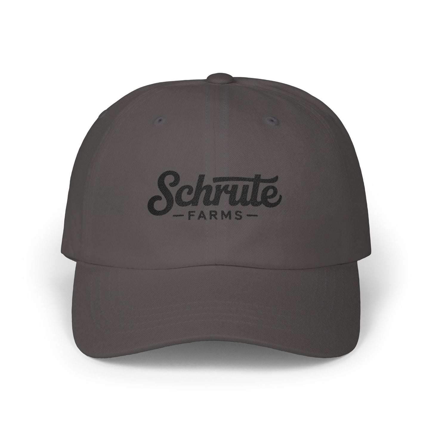 Schrute Farms Dad Cap — Vintage Script Embroidered Baseball Hat Hats Printify Dark Grey One size