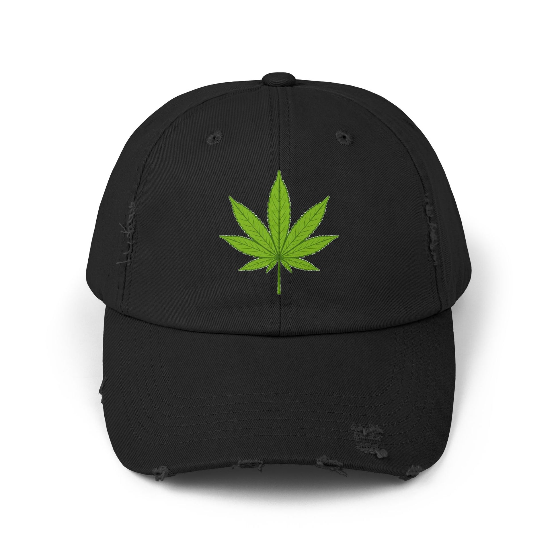 Distressed Black Cap with Green Cannabis Leaf Embroidery Hats Printify Black One size