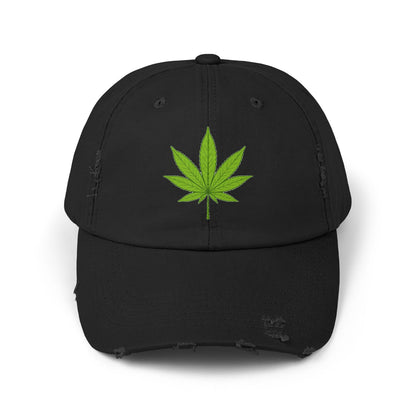 Distressed Black Cap with Green Cannabis Leaf Embroidery Hats Printify Black One size