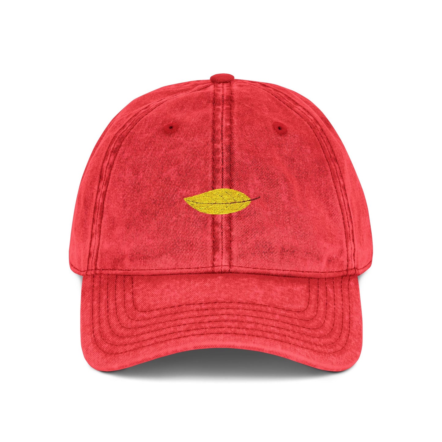 Embroidered Vintage Red Cap with Gold Lip Accent – Distressed Dad Hat Hats Printify One size Red