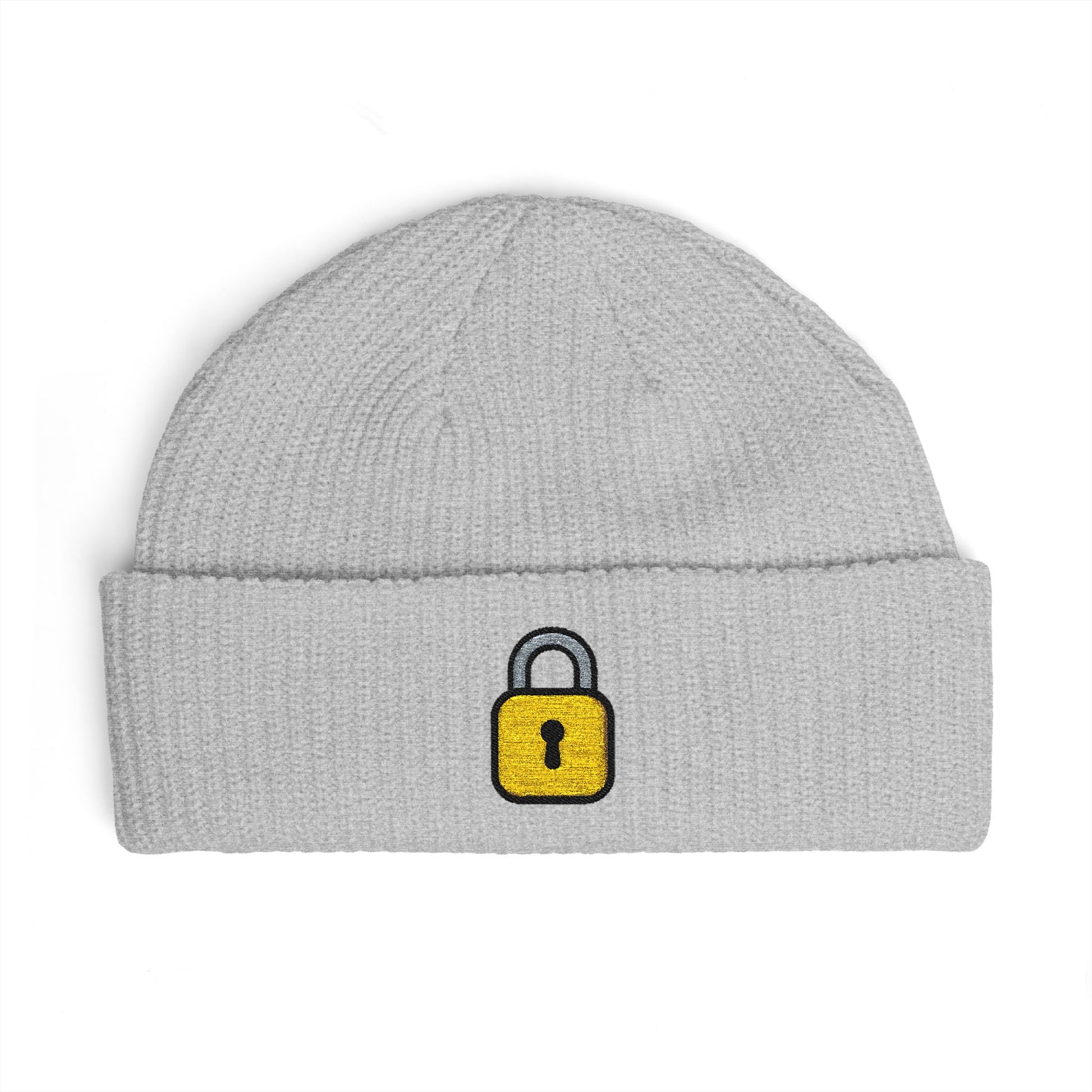 Embroidered Lock Cuff Beanie – Secure Padlock Knit Hat Hats Printify One size Athletic Heather