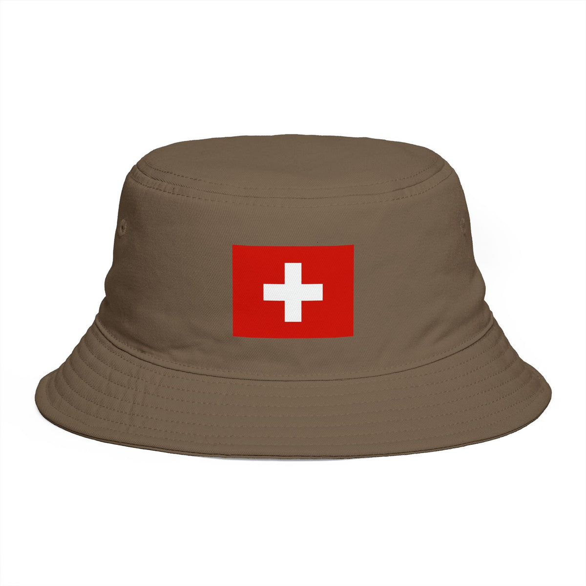 Swiss Cross Brown Bucket Hat — Alpine Flag Patch Sun Hat Hats Printify
