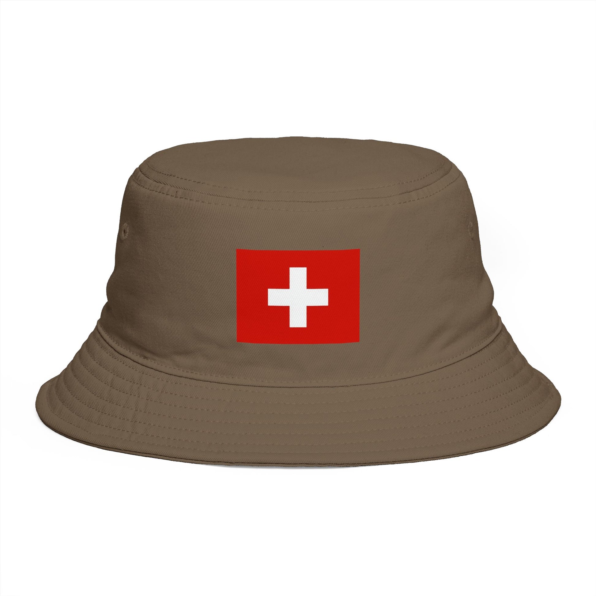 Swiss Cross Brown Bucket Hat — Alpine Flag Patch Sun Hat Hats Printify