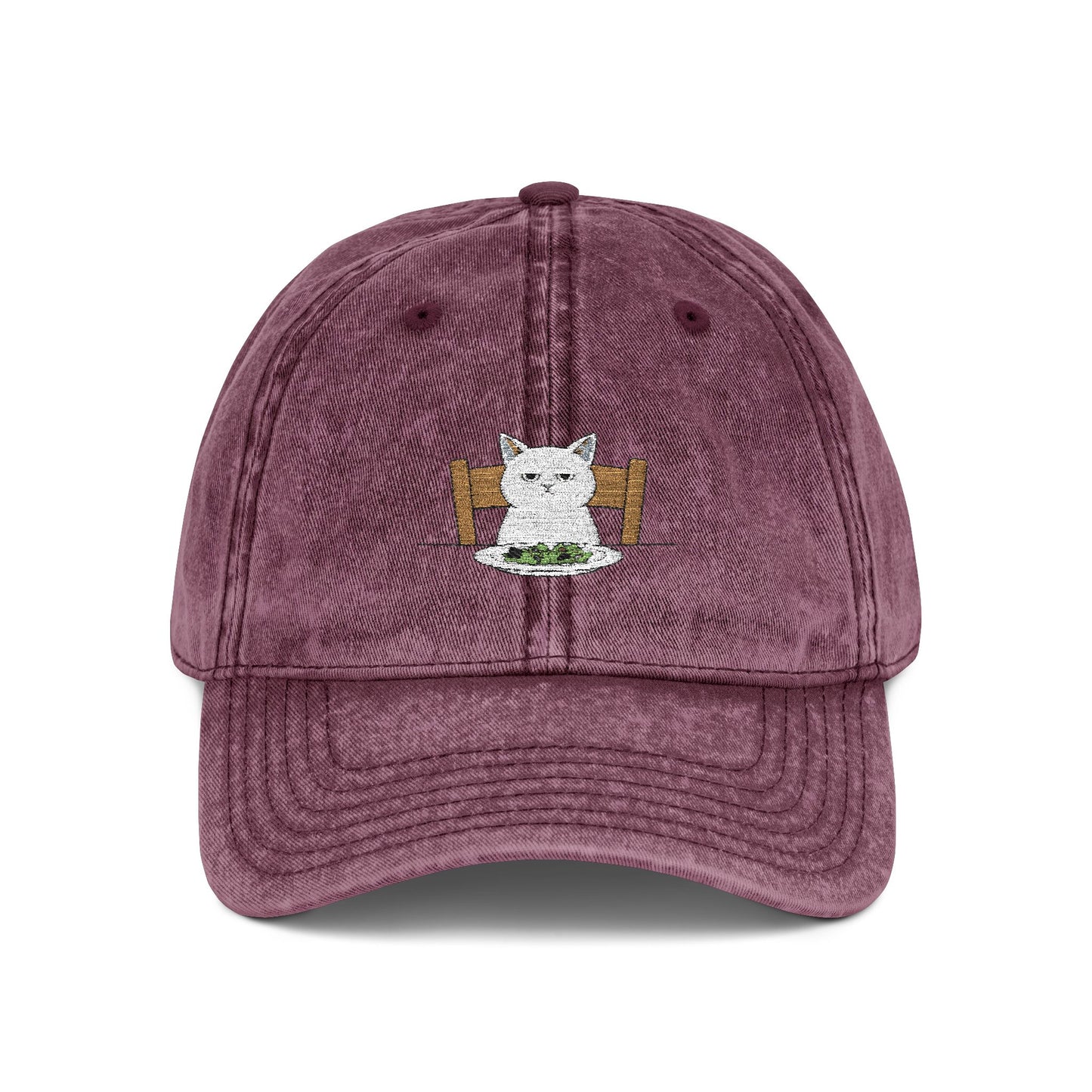 Vintage Embroidered Cat Cap — Washed Red Dad Hat Hats Printify One size Maroon