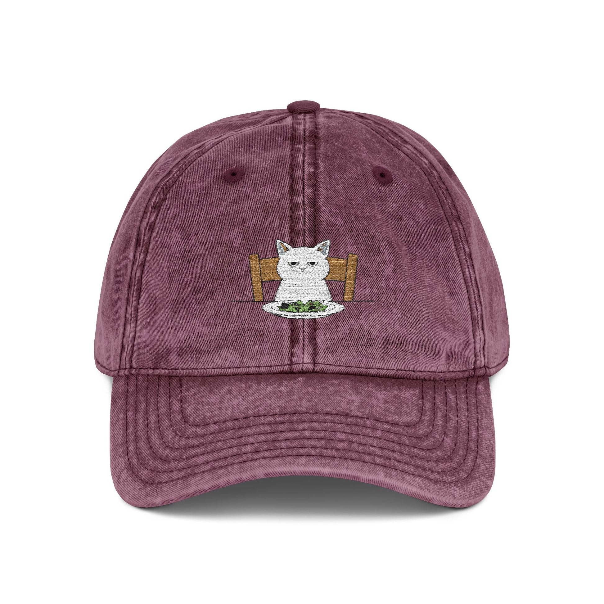 Vintage Embroidered Cat Cap — Washed Red Dad Hat Hats Printify One size Maroon