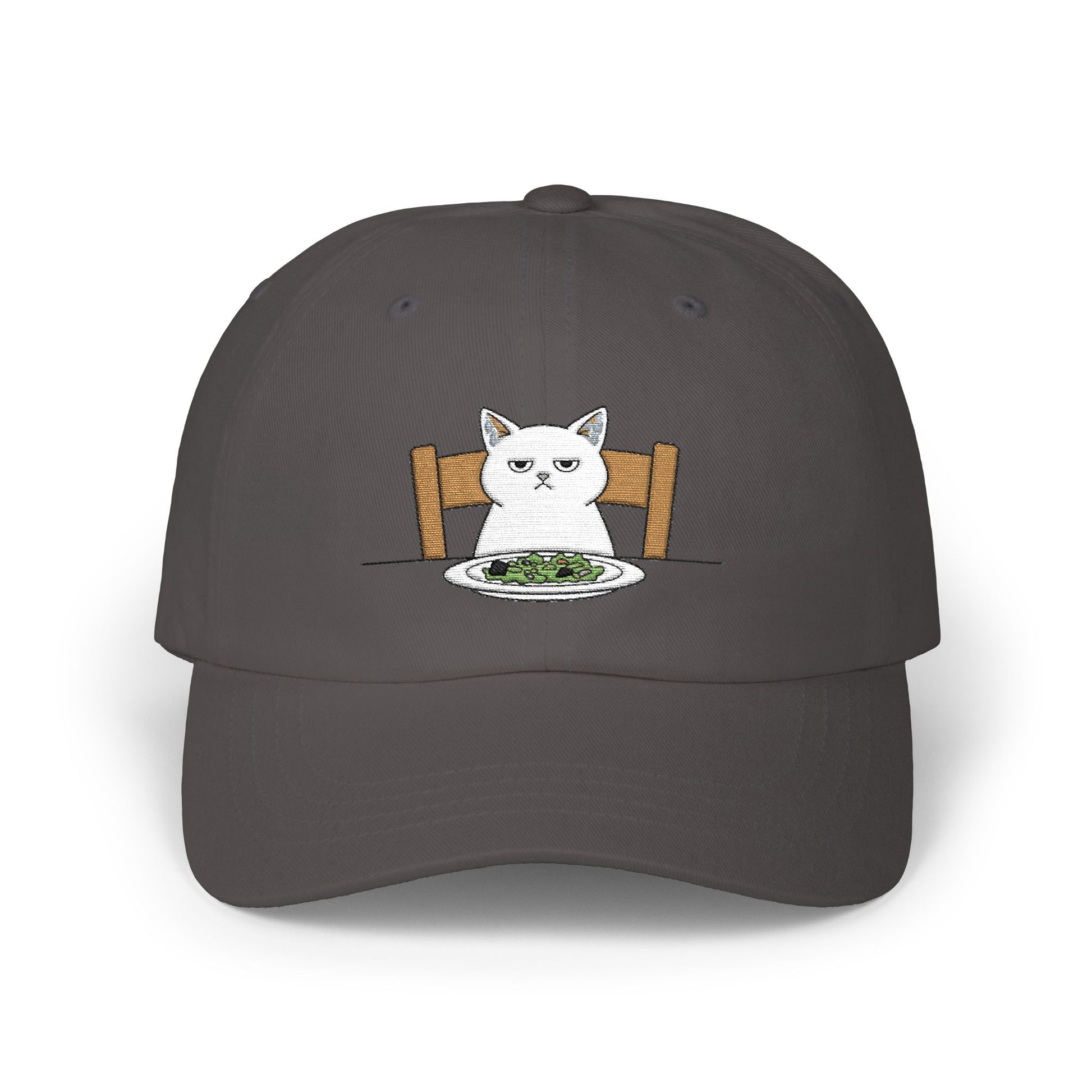Dad Cap — Grumpy Cat at Dinner Embroidered Hat Hats Printify Dark Grey One size