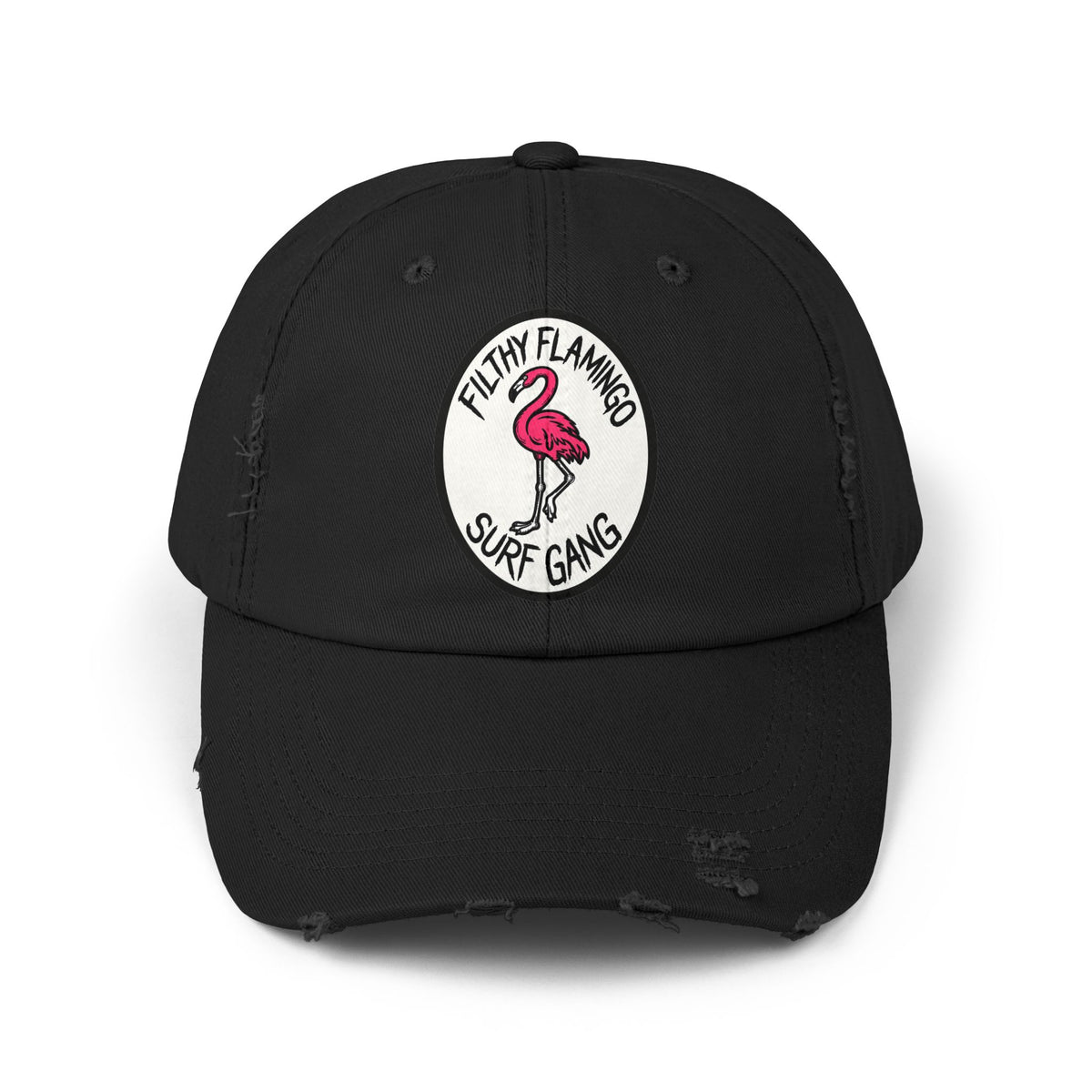 Distressed Surf Cap — "Filthy Flamingo Surf Gang" Embroidered Patch Hat Hats Printify Black One size