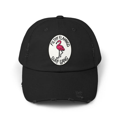 Distressed Surf Cap — "Filthy Flamingo Surf Gang" Embroidered Patch Hat Hats Printify Black One size