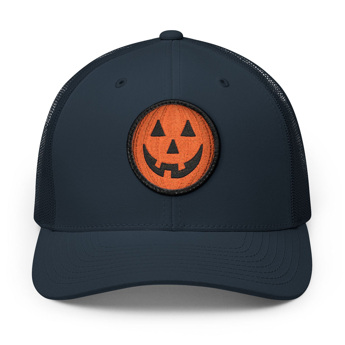 Halloween Pumpkin Jack-O’-Lantern Trucker Cap Hats Printify Circle One size Navy / White patch