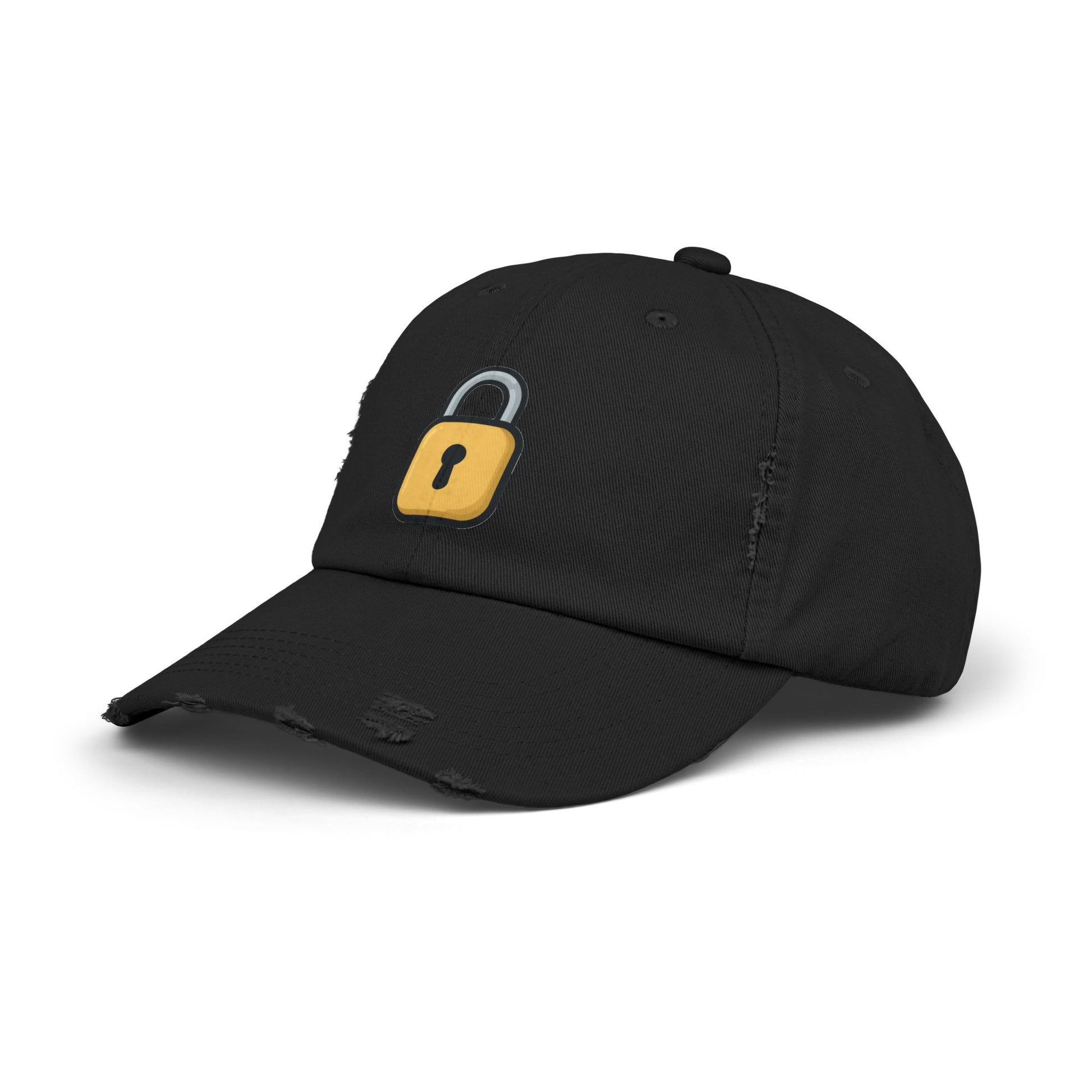 Padlock Distressed Cap — Minimal Lock Embroidered Baseball Hat Hats Printify