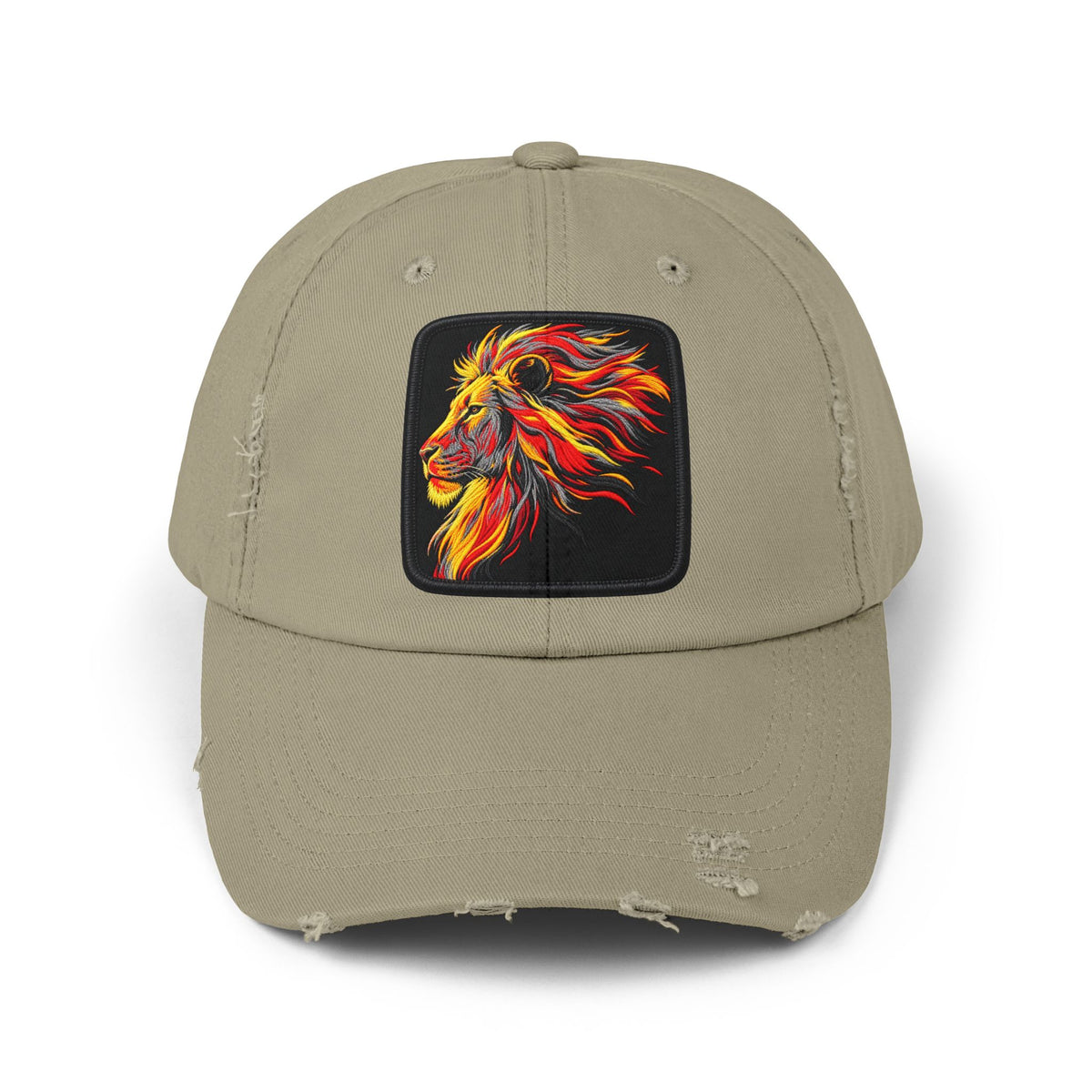 Distressed Cap — Vibrant Flame Lion Embroidered Baseball Hat Hats Printify Light Olive One size