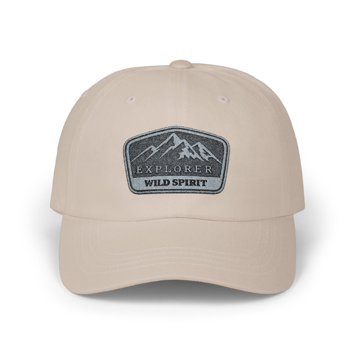 Explorer Wild Spirit Dad Cap — Embroidered Mountain Patch Baseball Hat Hats Printify