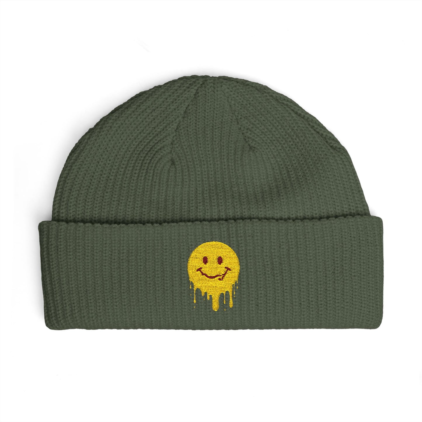 Dripping Smiley Cuff Beanie — Cozy Knit Hat with Yellow Drip Emoji Embroidery Hats Printify One size Cypress
