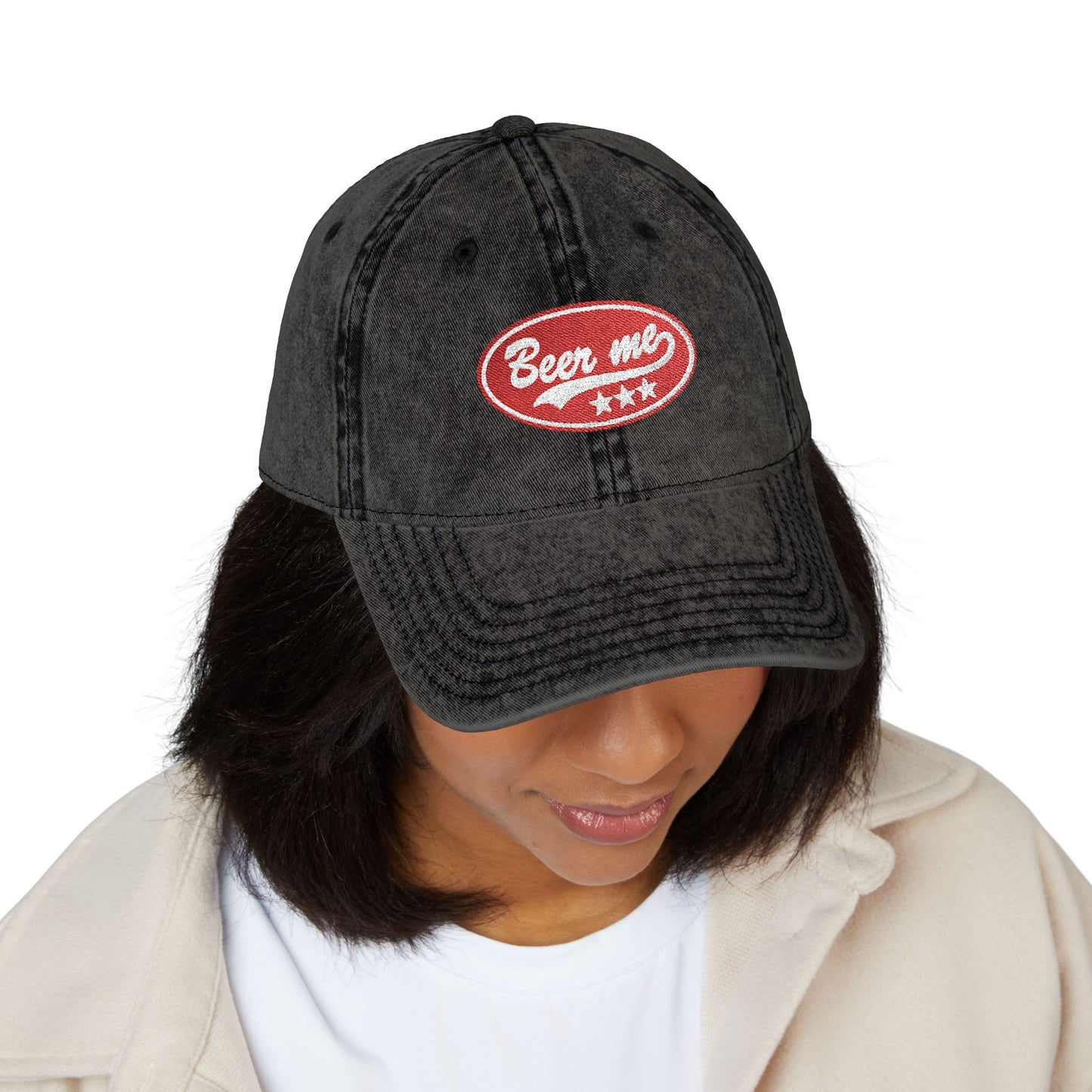 Vintage Embroidered 'Beer Me' Cap — Distressed Red Baseball Hat