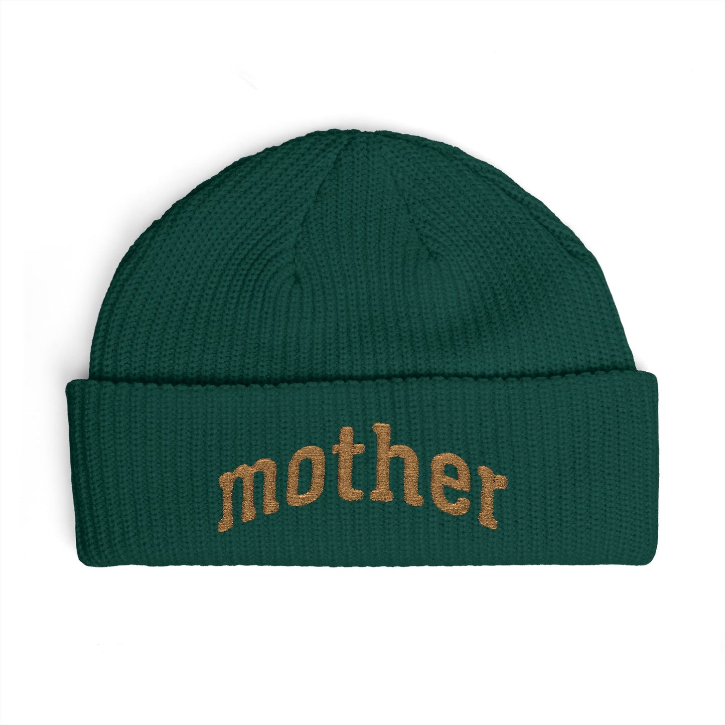 Mother Cuff Beanie — Gold Glitter Embroidered Knit Hat for Moms