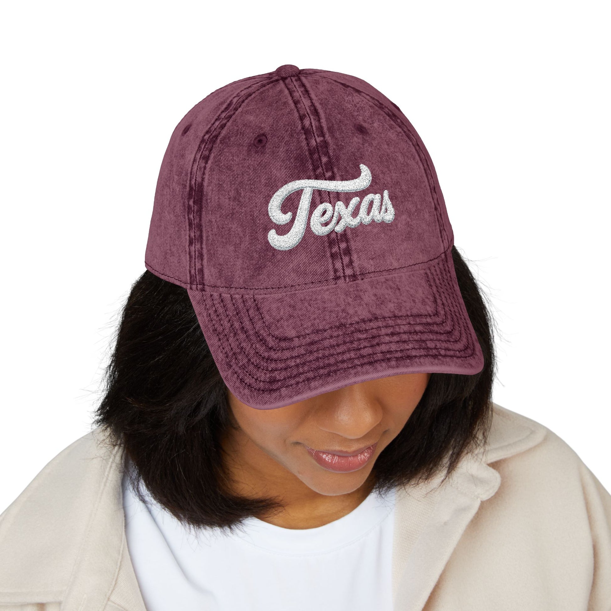 Vintage Embroidered Texas Cap — Distressed Red Baseball Hat Hats Printify