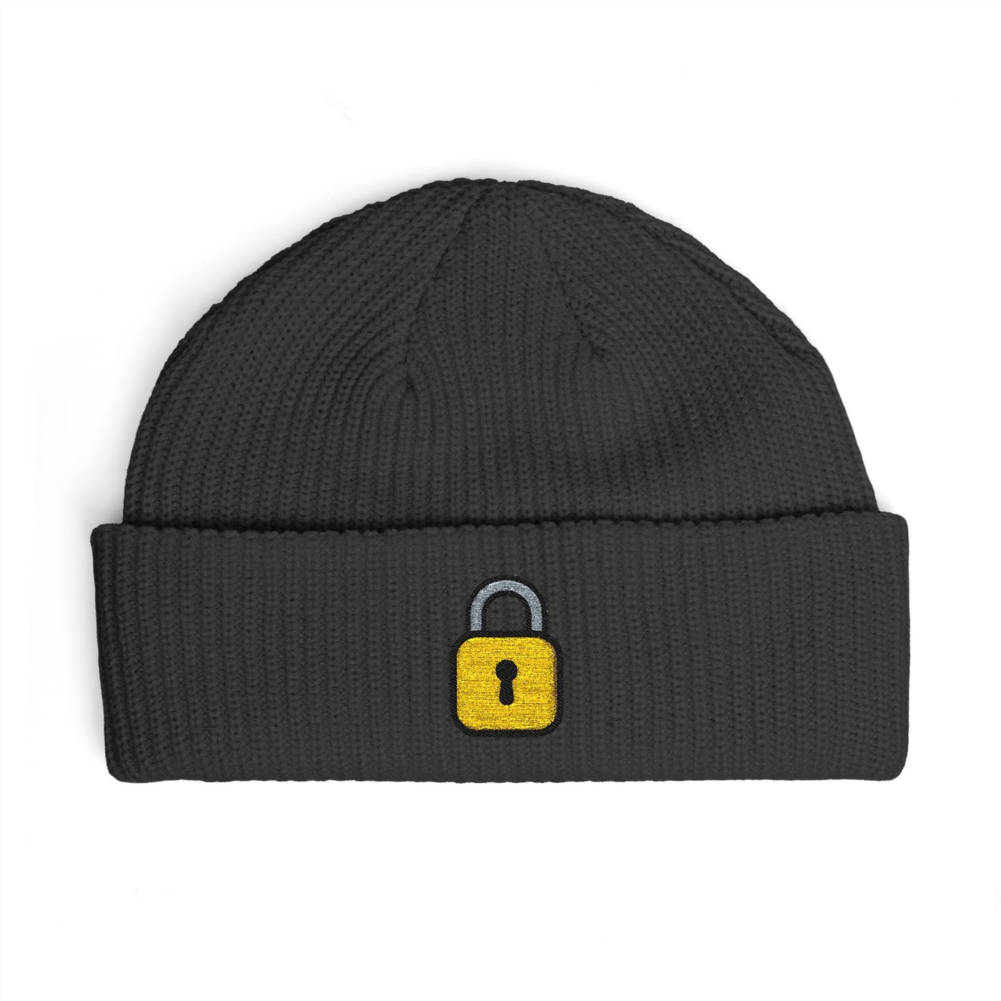Embroidered Lock Cuff Beanie – Secure Padlock Knit Hat Hats Printify One size Coal