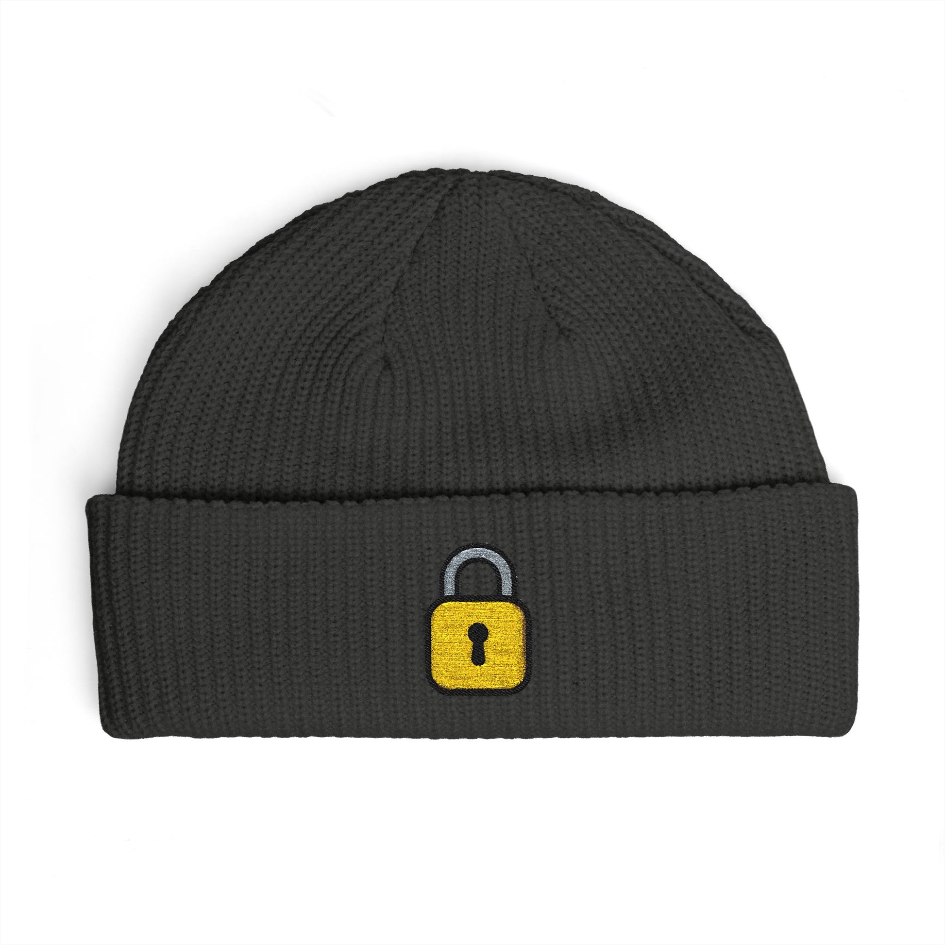 Embroidered Lock Cuff Beanie – Secure Padlock Knit Hat Hats Printify One size Coal