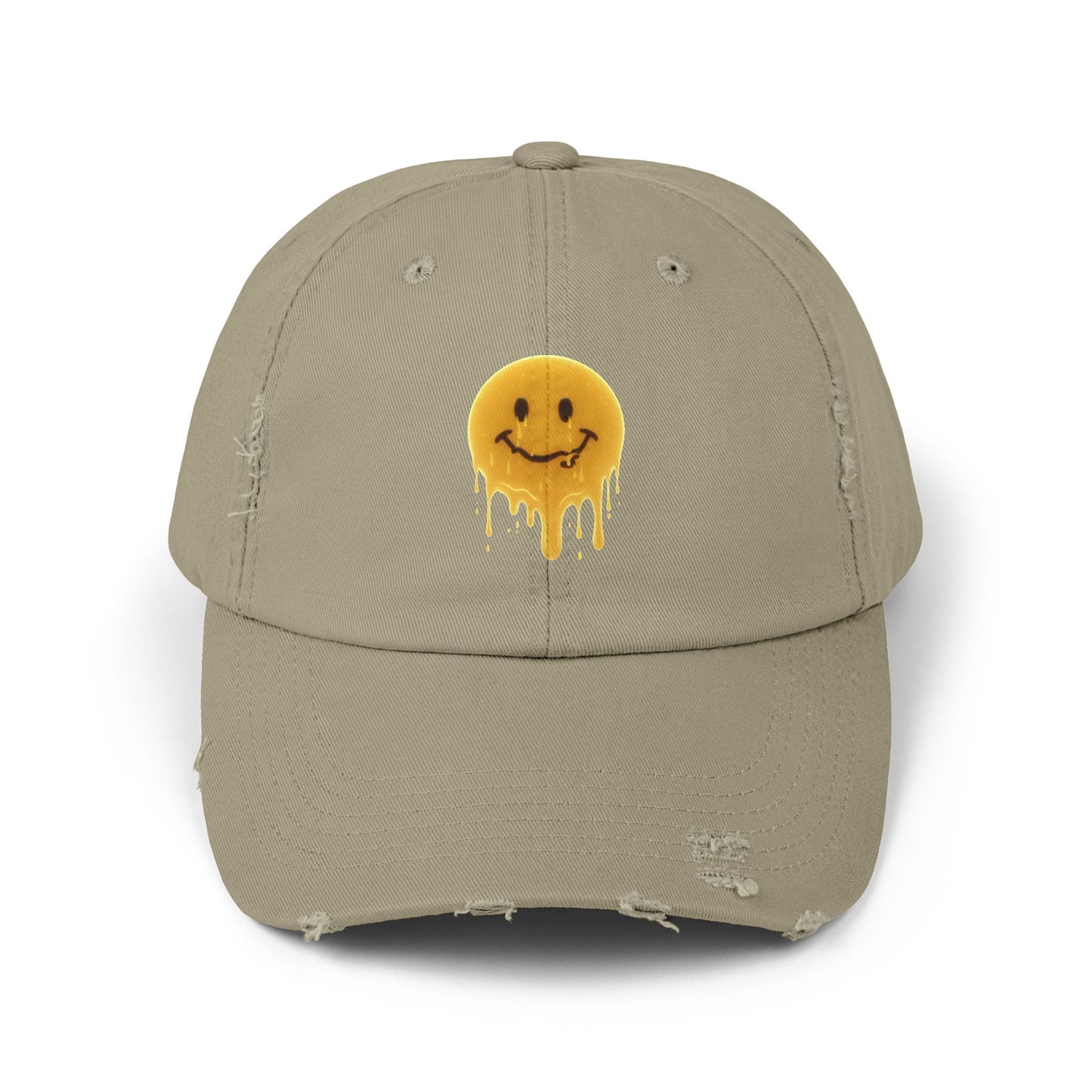 Distressed Melting Smiley Cap — Grunge Drip Dad Hat Hats Printify Light Olive One size