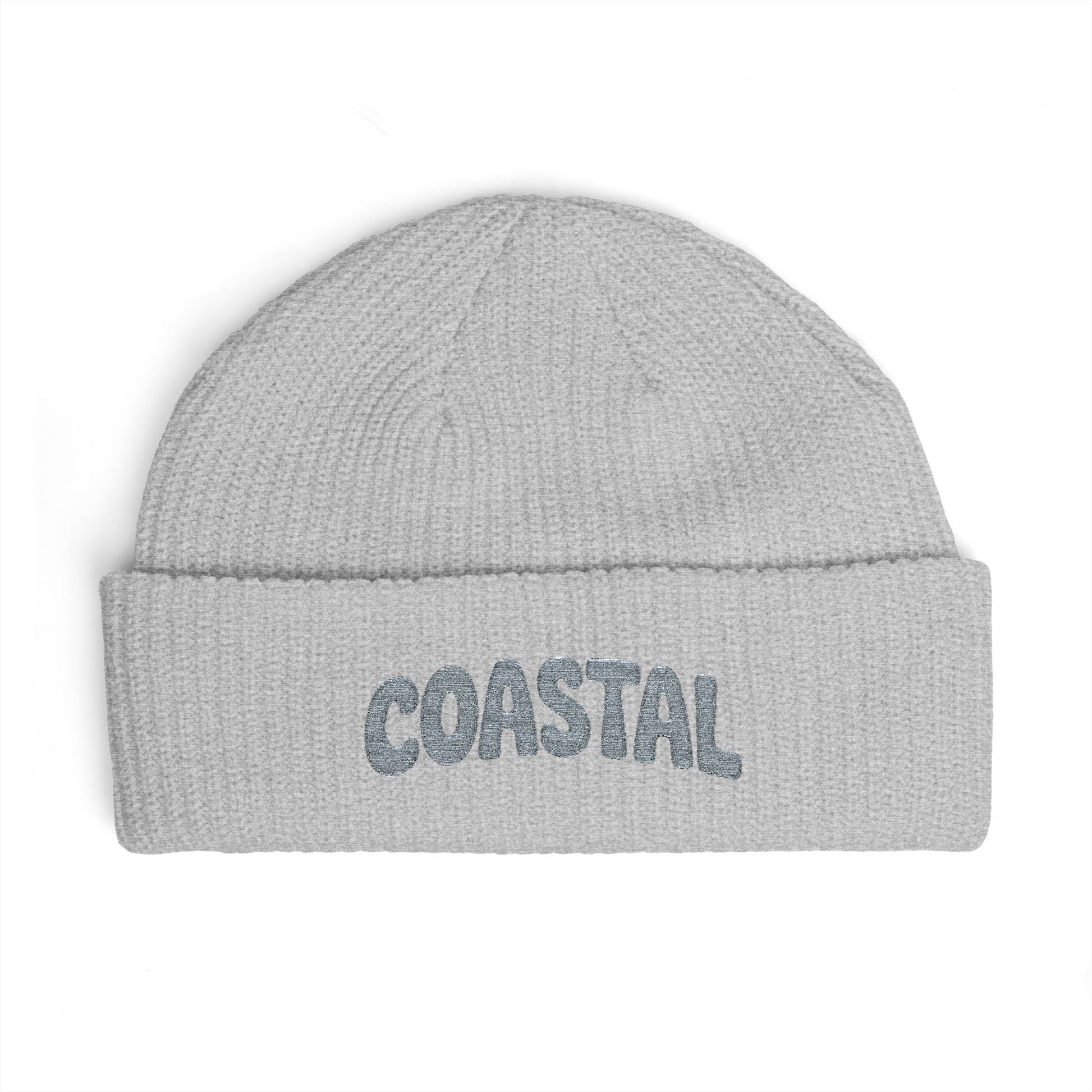 Coastal Cuff Beanie — Knit Winter Hat with 'COASTAL' Embroidered Seaglass Script Hats Printify One size Athletic Heather