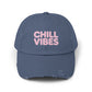 Chill Vibes Distressed Cap — Pink Text Casual Baseball Hat Hats Printify Scotland Blue One size