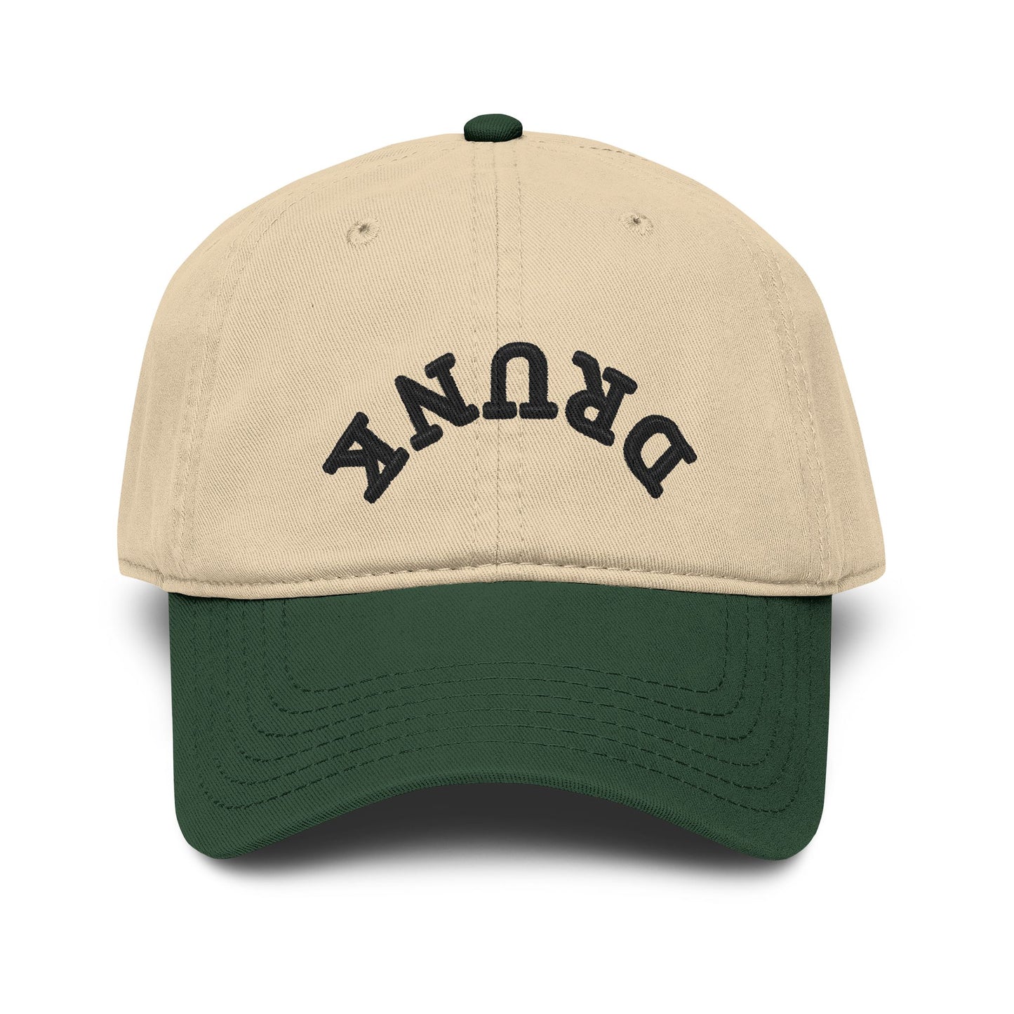 Washed Baseball Cap with 'DRUNK' Embroidered Arch – Vintage Distressed Dad Hat