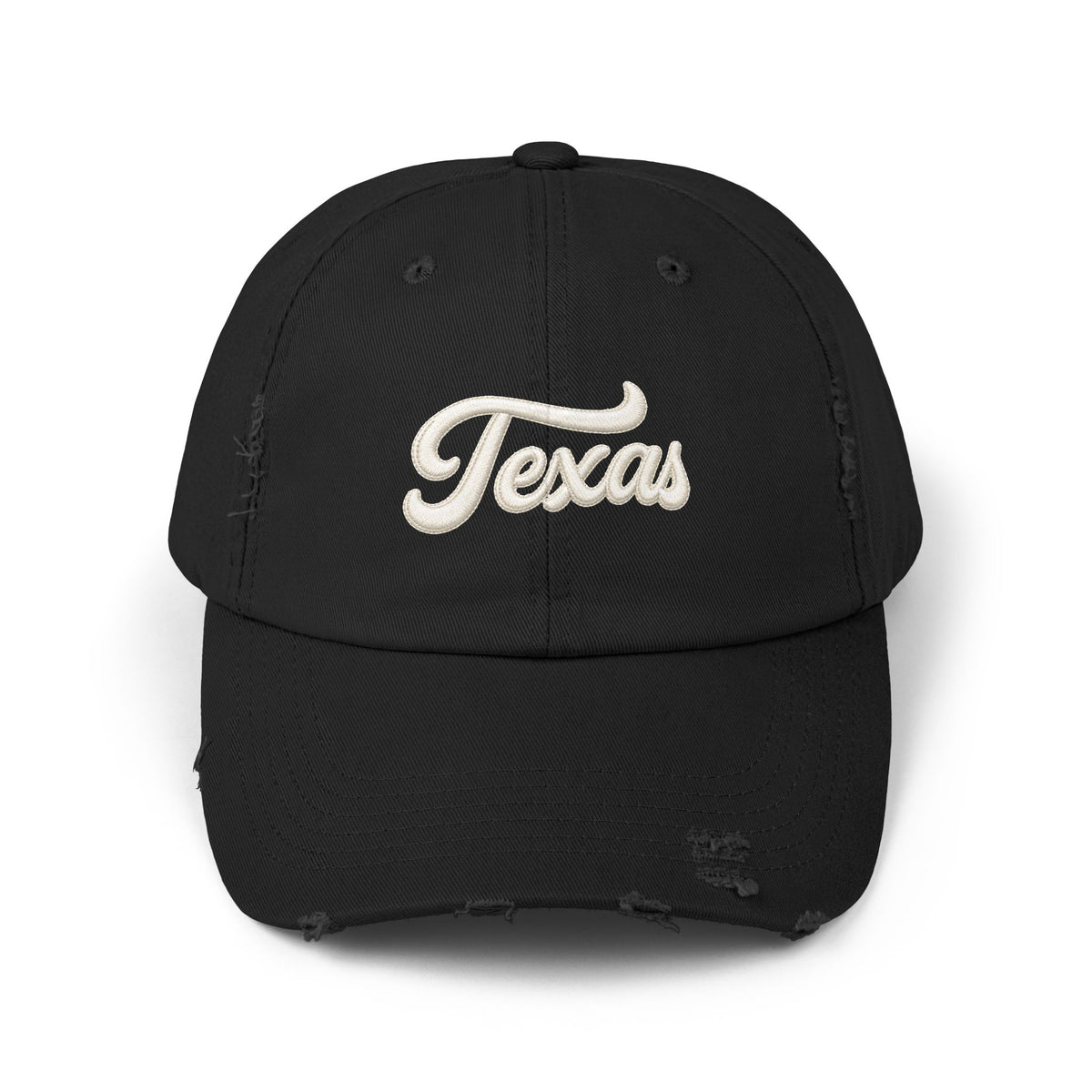 Texas Distressed Baseball Cap — Vintage Script Embroidered Hat Hats Printify Black One size