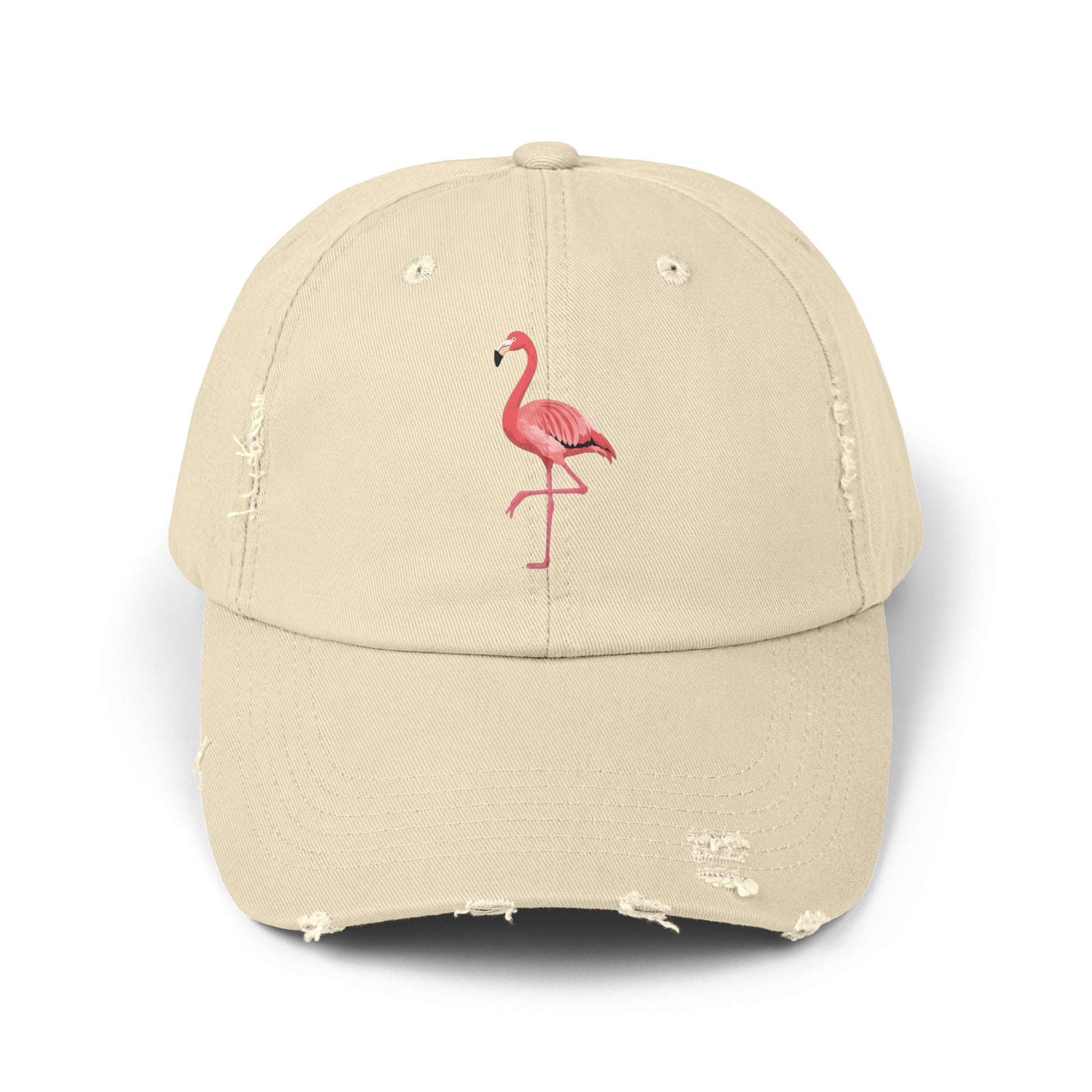 Distressed Flamingo Cap — Embroidered Pink Flamingo Baseball Hat Hats Printify Stone One size