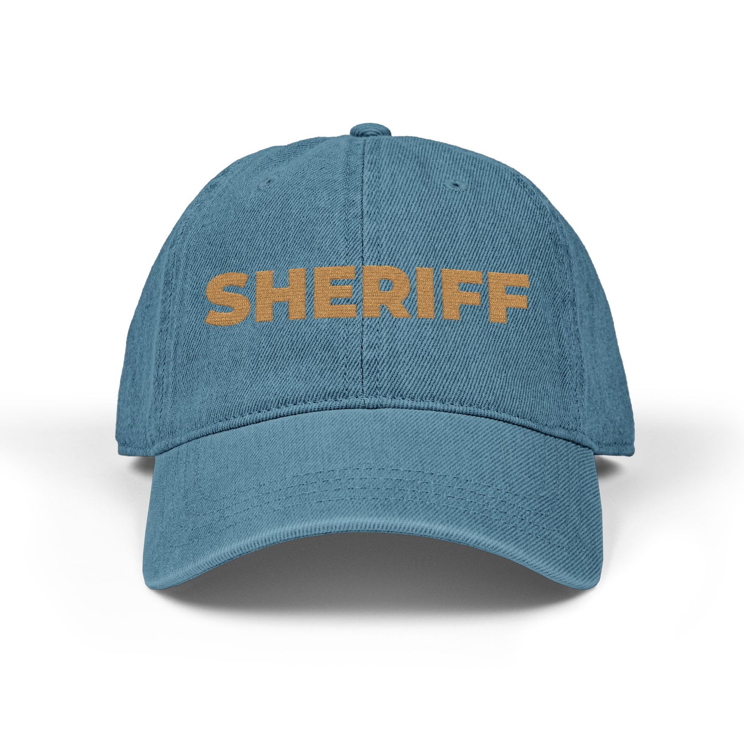 Embroidered 'SHRIFF' Denim Hat — Retro Floral Lettering Baseball Cap Hats Printify One size Blue