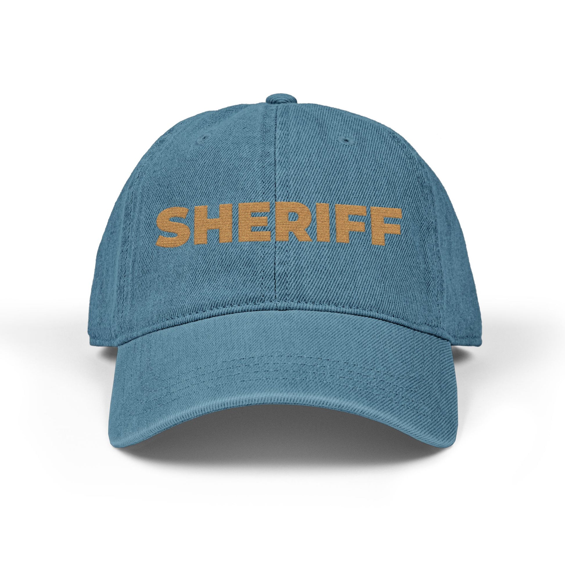 Embroidered 'SHRIFF' Denim Hat — Retro Floral Lettering Baseball Cap Hats Printify One size Blue