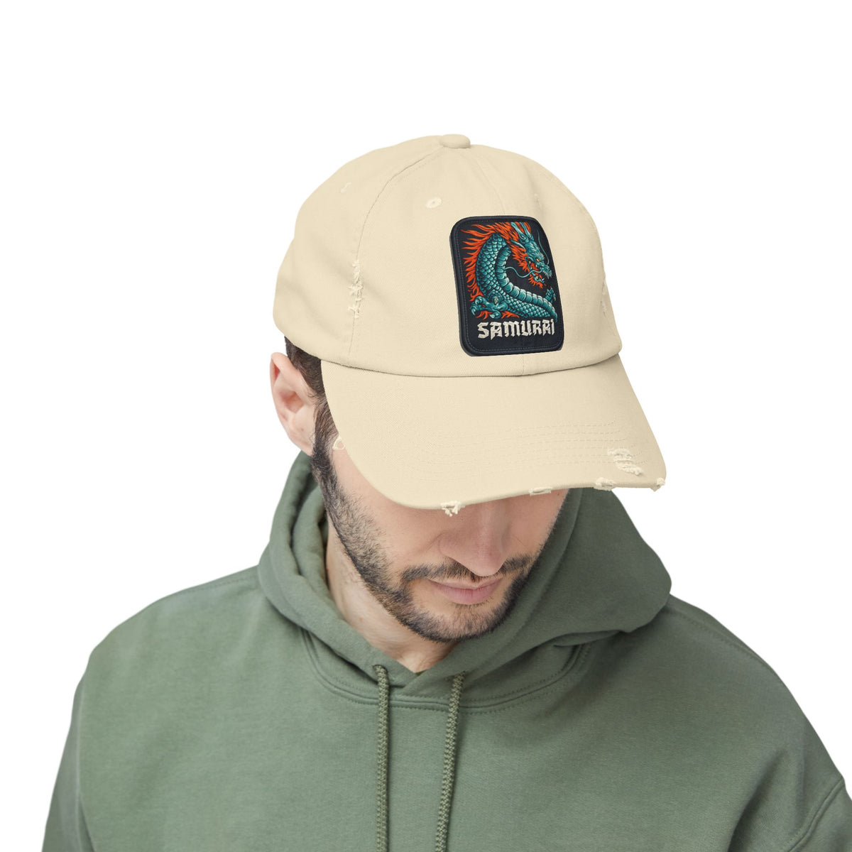 Distressed Samurai Dragon Cap — Vintage Retro Japanese Dragon Baseball Hat Hats Printify