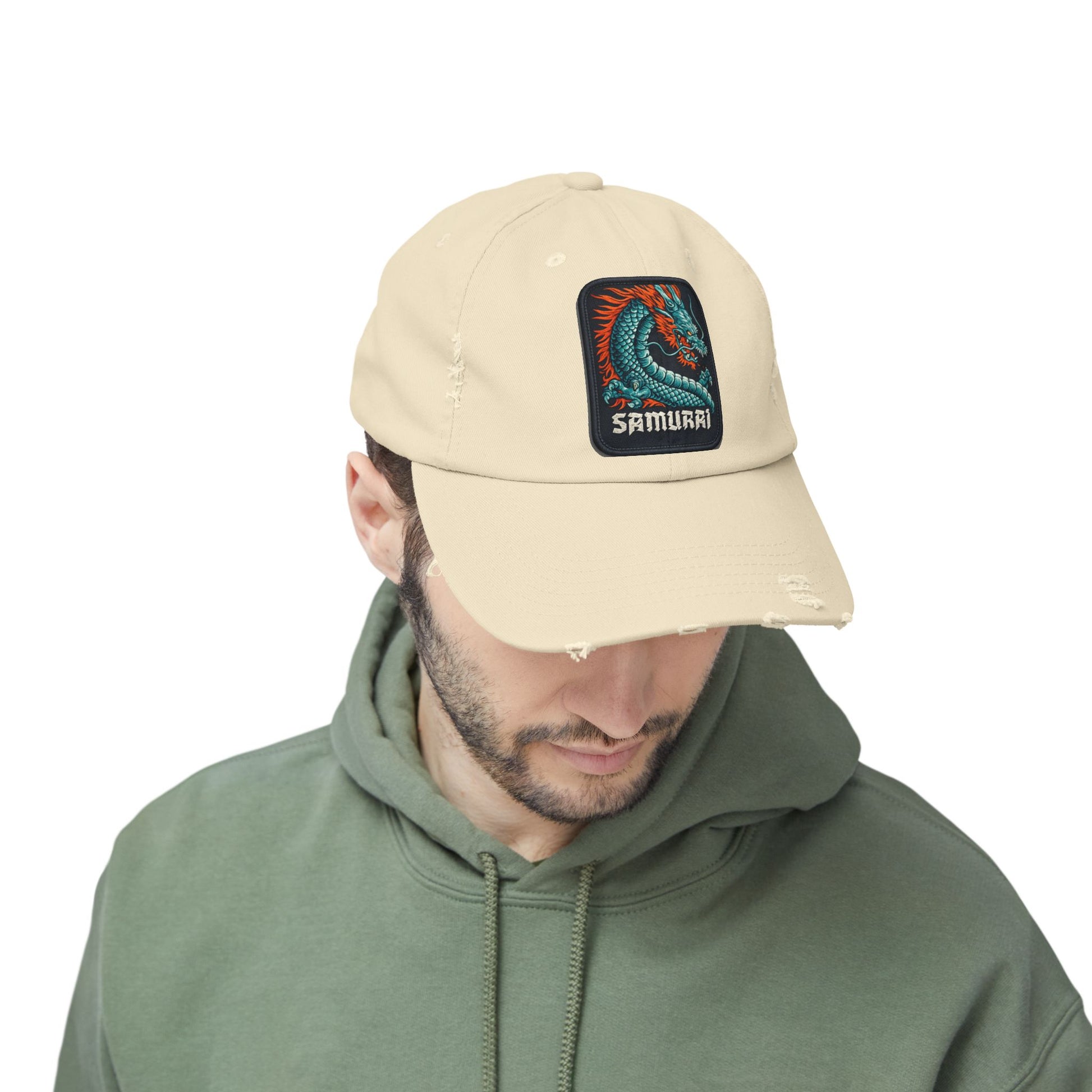 Distressed Samurai Dragon Cap — Vintage Retro Japanese Dragon Baseball Hat Hats Printify