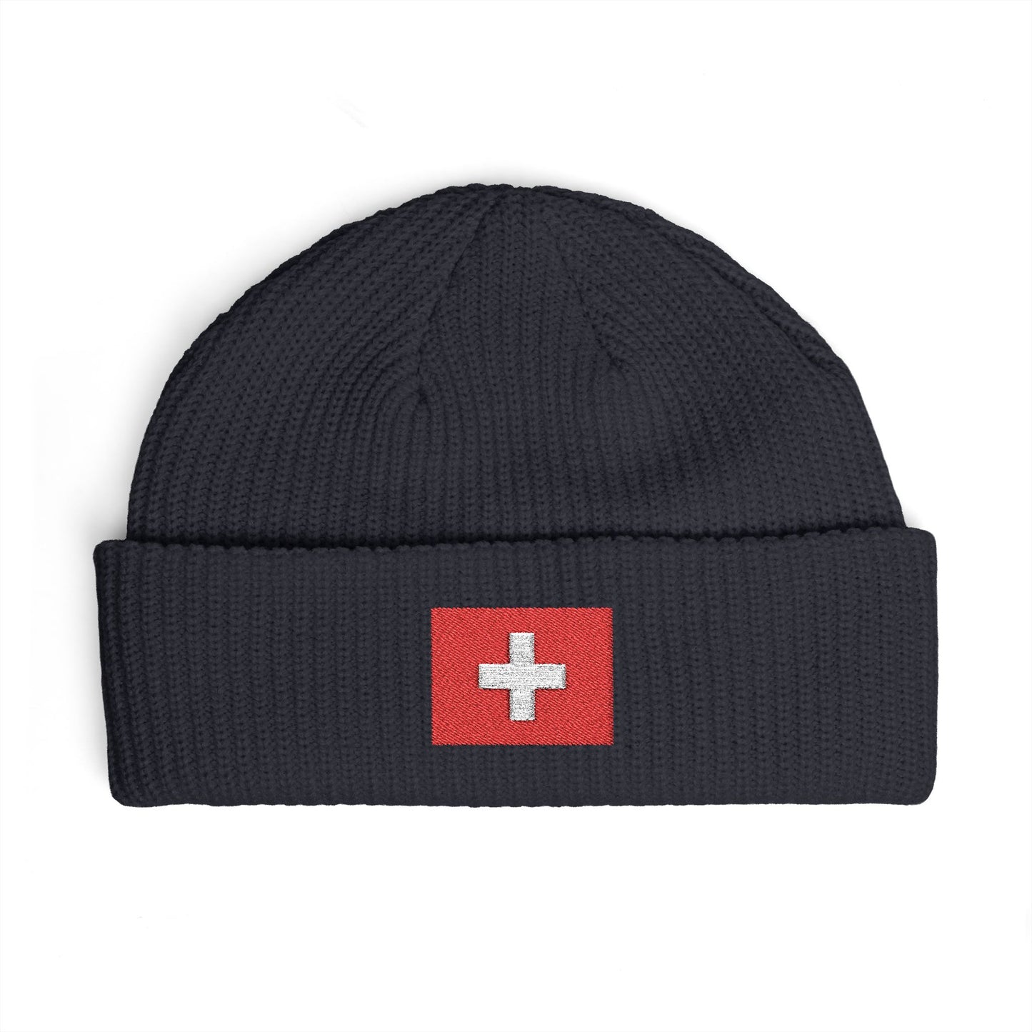 Swiss Cross Cuff Beanie — Embroidered Red Flag Patch Winter Hat Hats Printify One size Navy