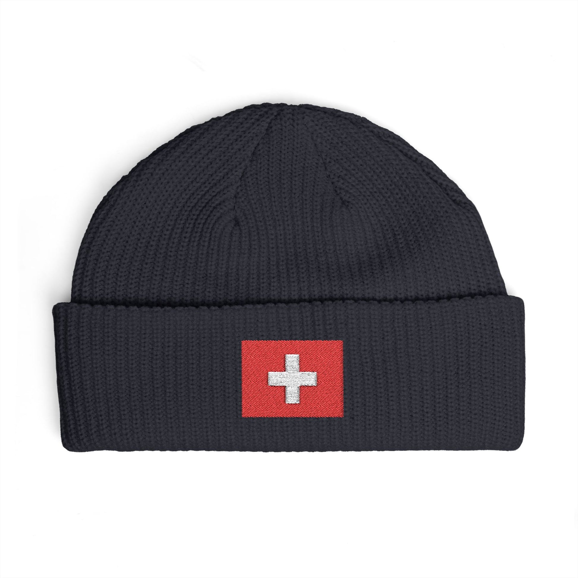 Swiss Cross Cuff Beanie — Embroidered Red Flag Patch Winter Hat Hats Printify One size Navy