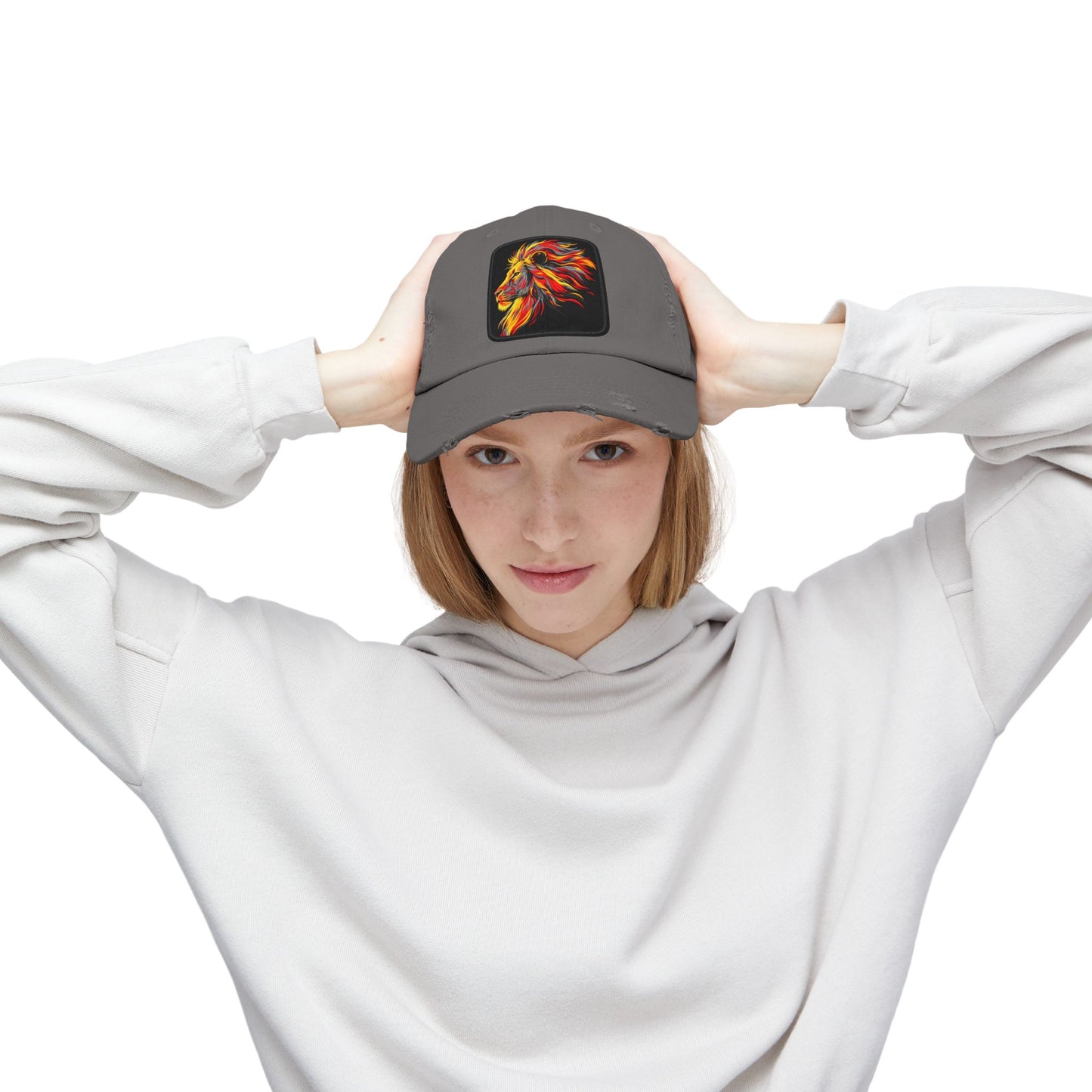 Distressed Cap — Vibrant Flame Lion Embroidered Baseball Hat