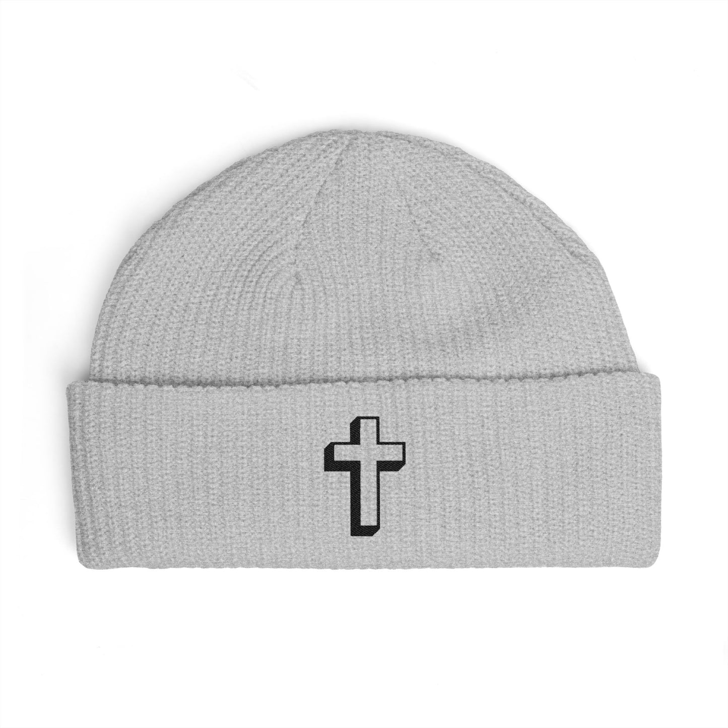 Embroidered Cross Cuff Beanie — Minimal Faith Knit Hat Hats Printify One size Athletic Heather