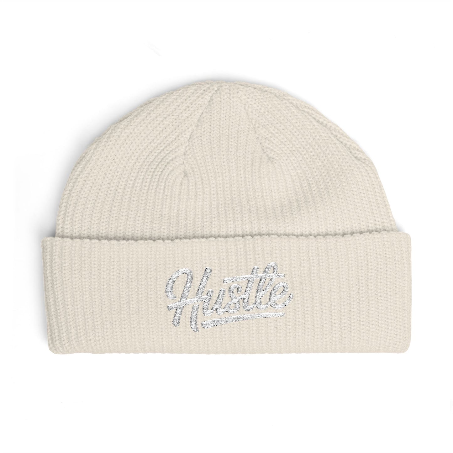 Hustle Cuff Beanie – Embroidered Knit Winter Hat Hats Printify One size Ecru