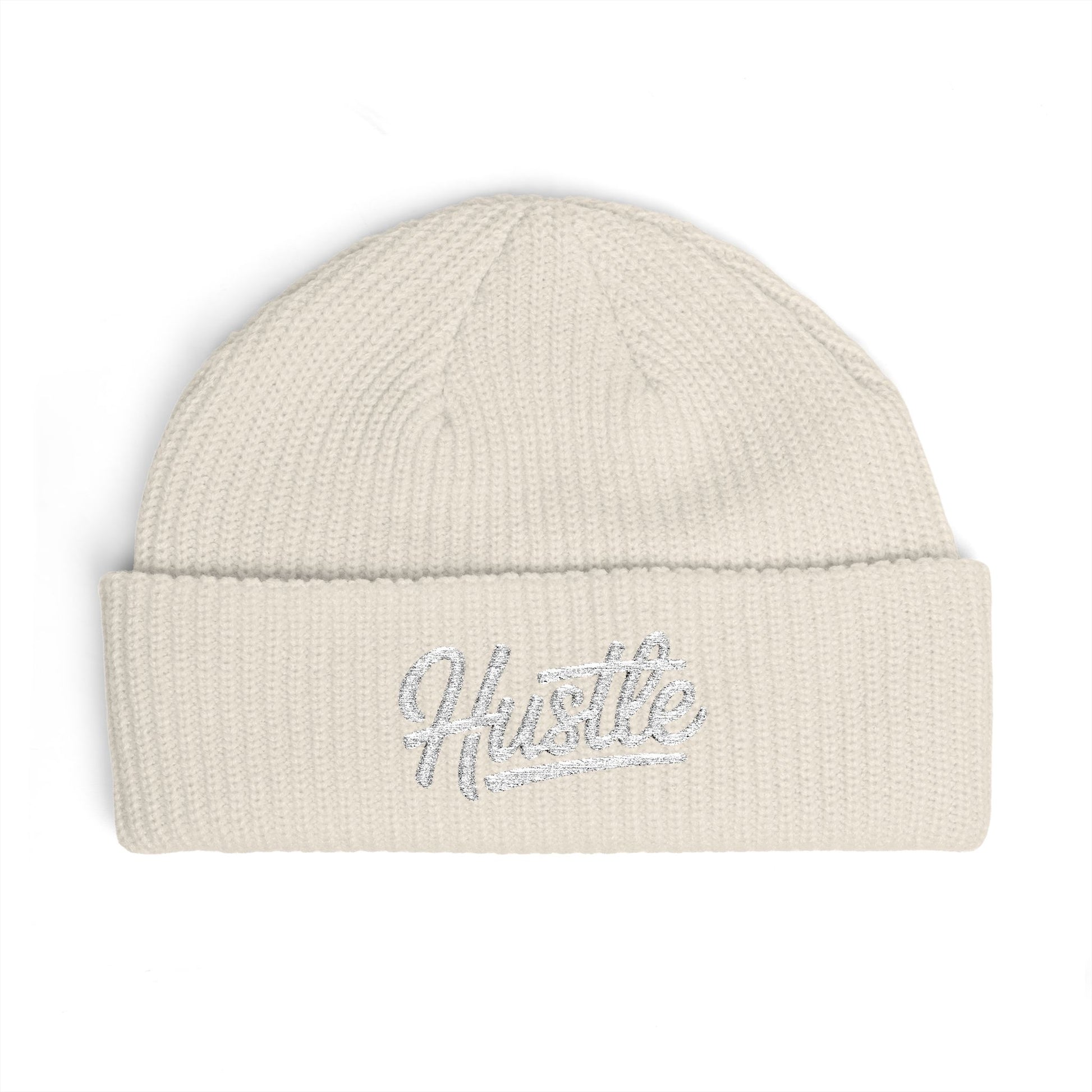 Hustle Cuff Beanie – Embroidered Knit Winter Hat Hats Printify One size Ecru