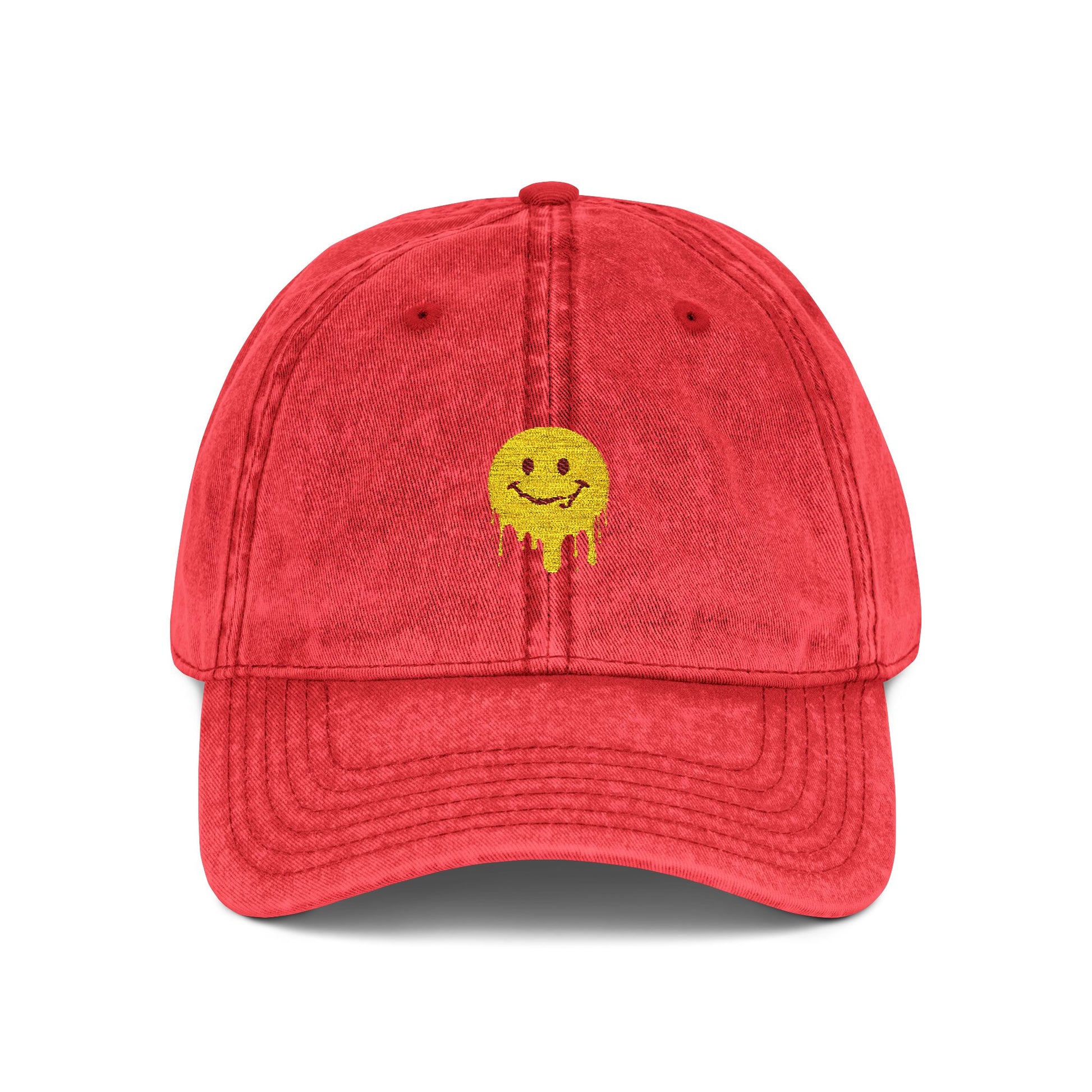 Embroidered Vintage Cap — Dripping Yellow Smiley Face Hat Hats Printify One size Red