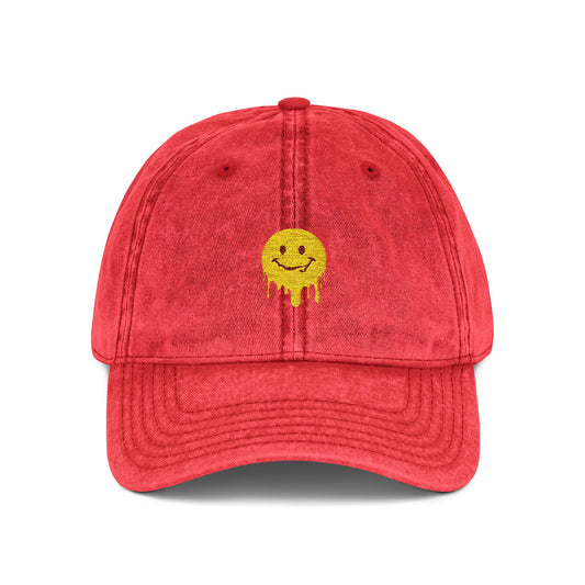 Embroidered Vintage Cap — Dripping Yellow Smiley Face Hat Hats Printify One size Red