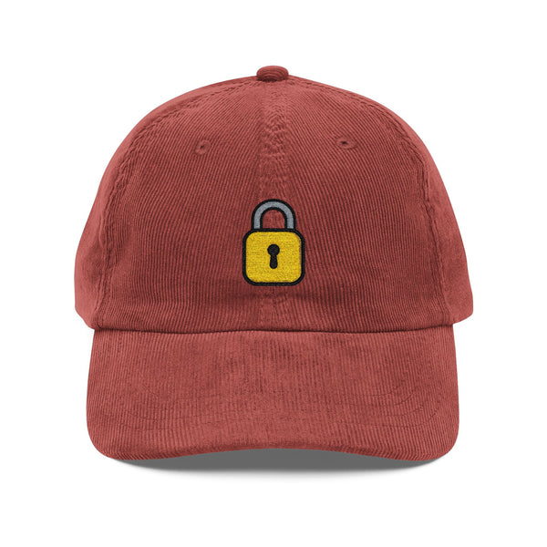 Vintage Corduroy Cap — Embroidered Yellow Lock Patch Hats Printify Burgundy One size